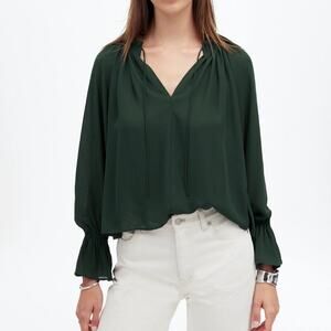 Madewell Long Sleeve Tie Neck Top Forest Green Ruffle Lightweight Semi Sheer XL